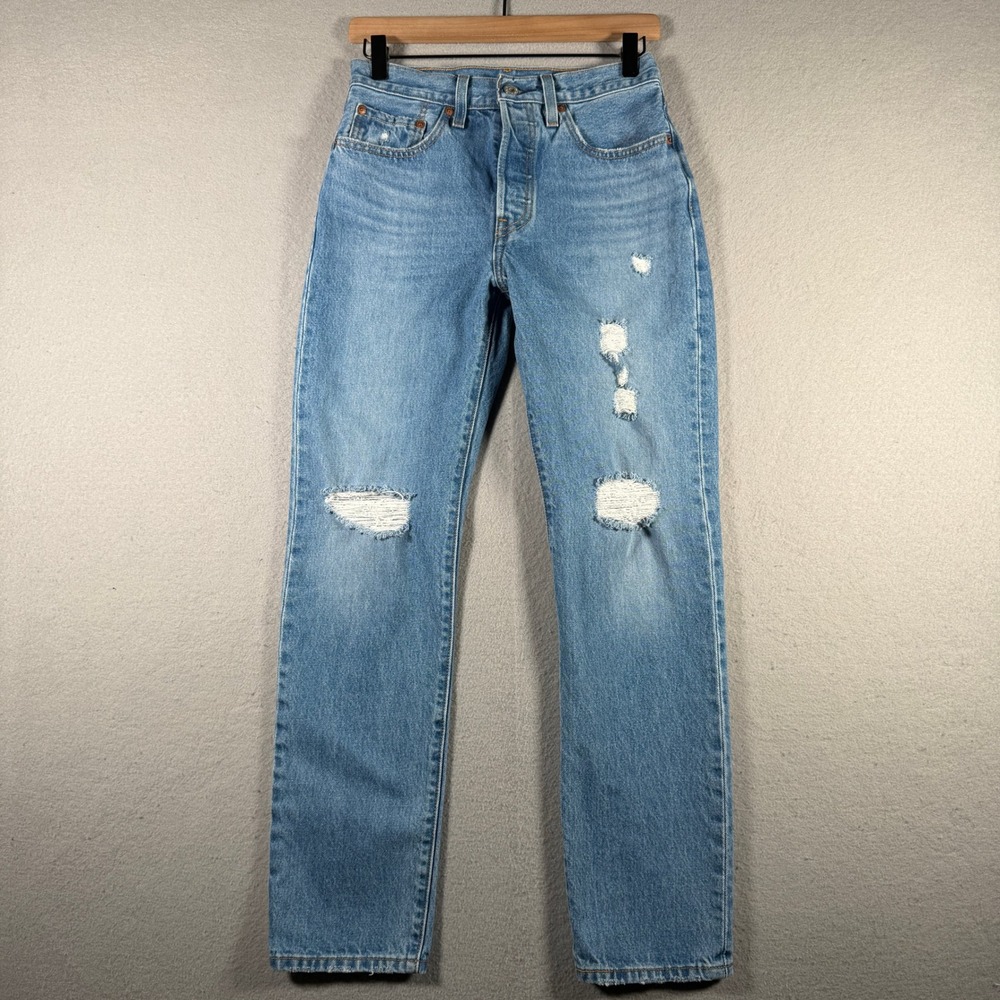 Levis 501 Original Fit Distressed Light Wash Straight Leg Jeans W26 L30